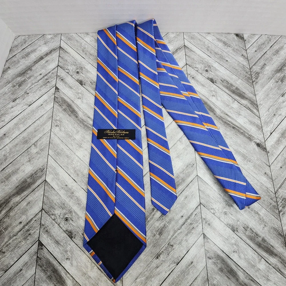 Brooks Brothers Irregular Silk Necktie Blue Orange‎ Striped Woven Men's Tie USA